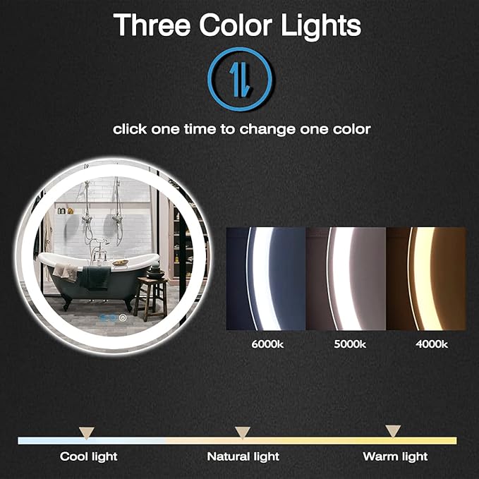 32 Inch Bathroom Round LED Mirror with Lights for Bathroom Wall Mounted Round Lighted Vanity Mirror with 3 Colors Lights Wall Mirror Dimmable Anti-fog Memory Bathroom Smart Circle LED Mirrors