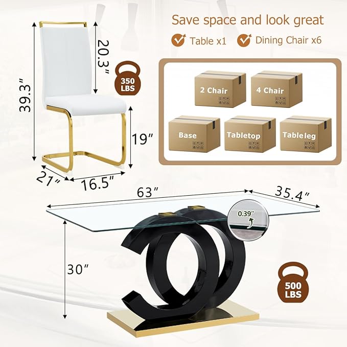 63'' Glass Dining Table Set for 6, Kitchen Table Chairs Set of 6, Clear Glass Dining Table with Black unique design Leg and Gold Metal Base, 6 PU Dining Chairs with Metal Legs, Living Room, Kitchen.