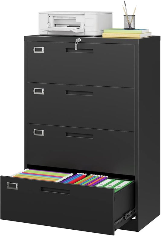 Lateral Filing Cabinet,4 Drawer File Cabinet with Lock,Office Lateral File Cabinets for Legal/Letter A4 Size,Require Assembly, Black