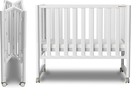 EvoNook 6-in-1 Convertible Mini Crib, 100% New Zealand Solid Wood, 4 Adjustable Mattress Heights, Crib with Mattress, White