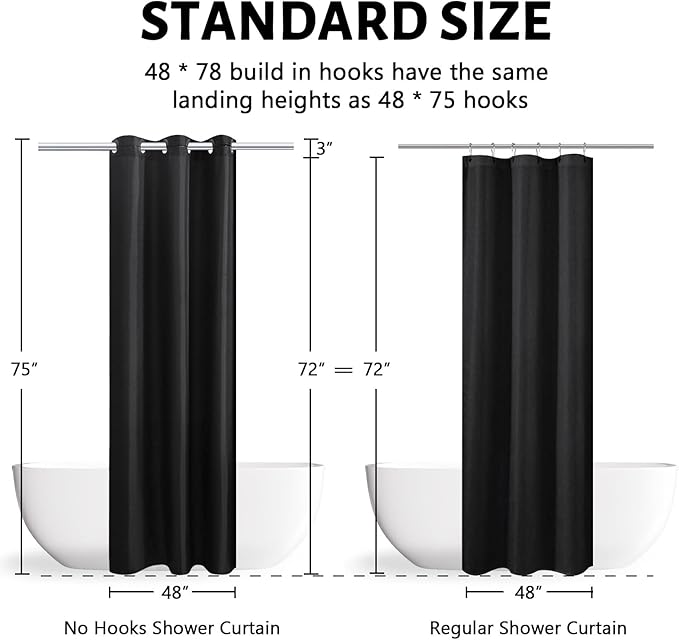 Furlinic No Hooks Needed Black Shower Curtain or Liner,Polyester Fabric Bathroom Curtains with 6 Split Grommets,Waterproof & Machine Washable,Stall Size,48x78 Inch