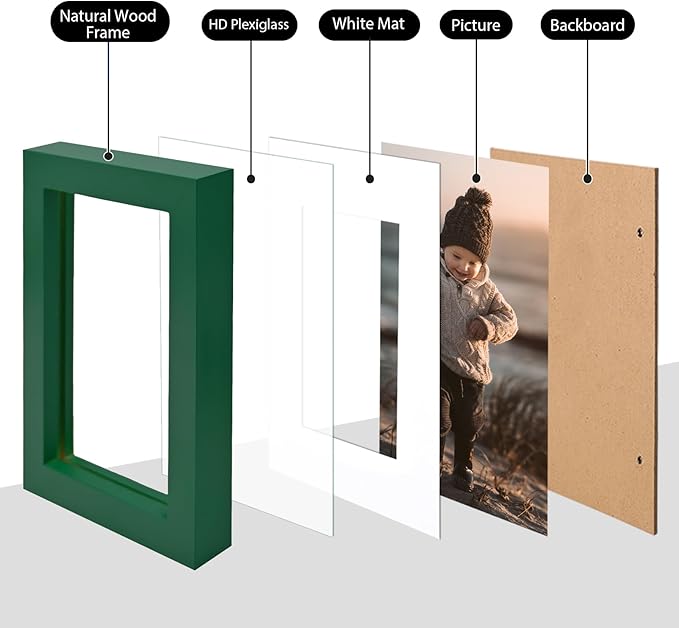 KINLINK 4x6 Picture Frames Green Wood Frames with Acrylic Plexiglass for 3.5x5 with Mat or 4x6 without Mat, Tabletop and Wall Mounting Display, Set of 4