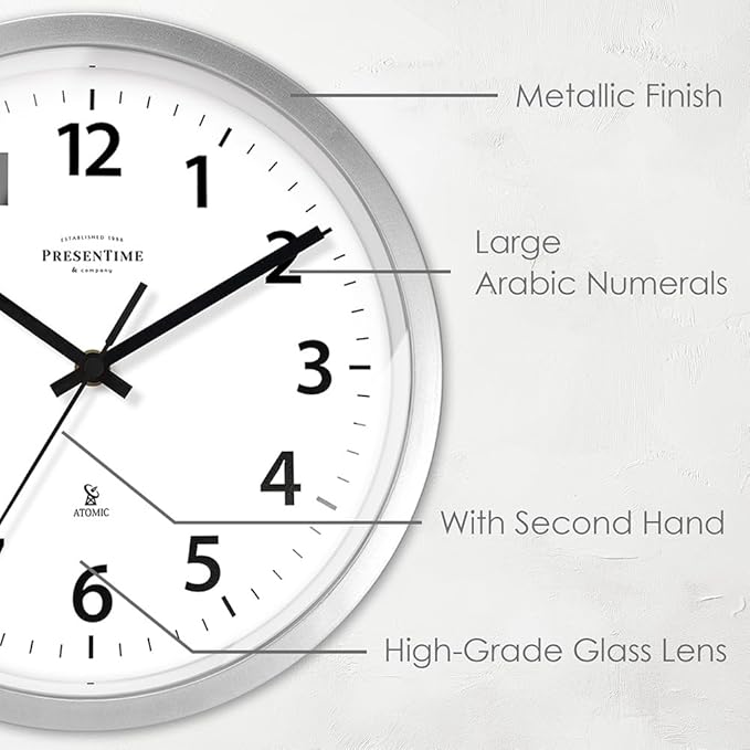 Presentime & Co 10" Atomic Wall Clock, Silent no Ticking, Automatically Sets Itself and Adjust to Daylight Saving Time by WWVB - Faux Stainless Steel Finish. (Home Office)