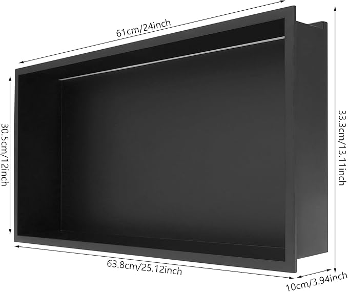 Shower Niche Cabinet, LED Light Shower Ni-Che, 13 x 25 x 4 inch Recessed Wall Niche with LED Strip, No Tile Need Shower Shelf for Bathroom Recessed Wall Shelf Horizontal Ni-Che, Black