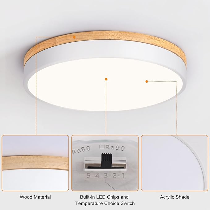 Dimmable Wood LED Flush Mount Ceiling Light, 5CCT 2700K-6000K Modern Round Close to Ceiling Lighting Fixtures, Minimalist White Ceiling Lamp for Living Room, Bedroom, Laundry Room