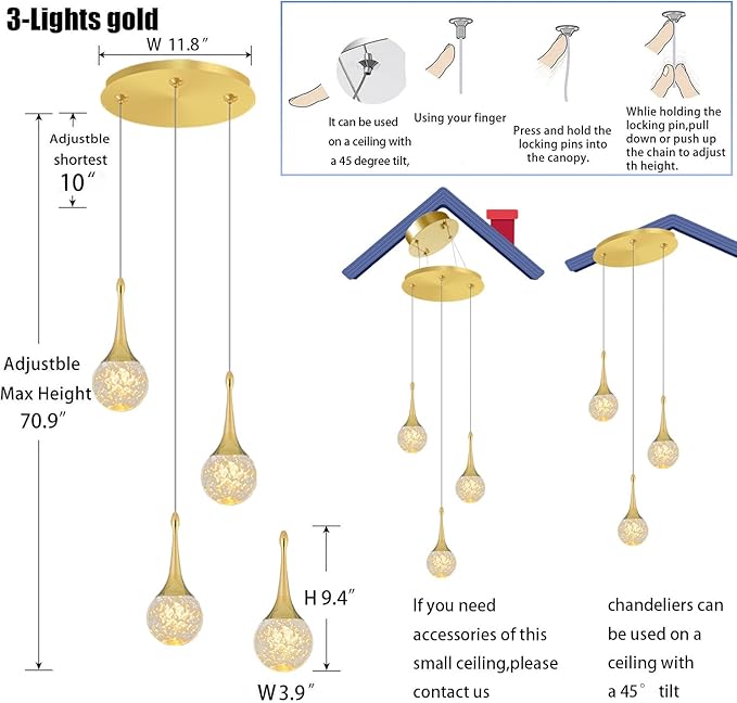 Flashing God 3 Pendant Lights Gold Farmhouse Light Fixtures Kitchen Island Lighting Small Crystal Hanging Chandeliers Modern Ceiling Pendant Light for Dinning Room Bedroom Hallway Bar