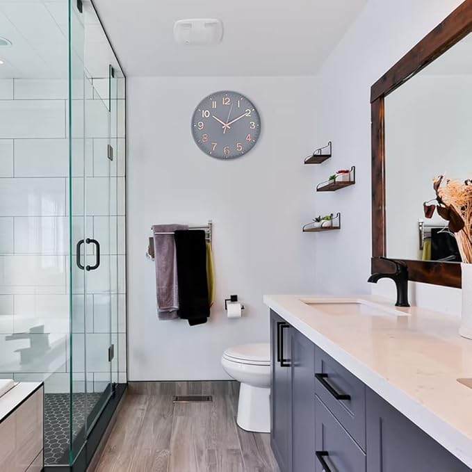 HZDHCLH Modern Wall Clocks Battery Operated,12 inch Silent Non Ticking Round Quartz Clock for Wall,3D Numbers Wall Clock for Kitchen Bedroom Living Room Office Classroom Decor (Grey-Rosegold)