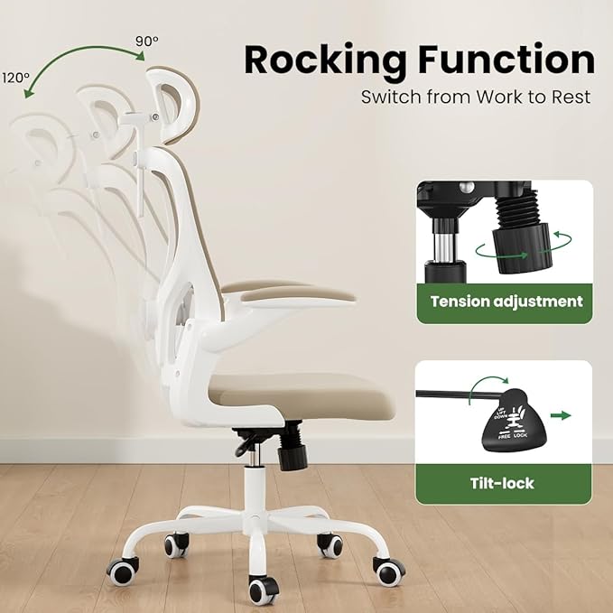 Soohow Ergonomic Office Chair,Home Office Desk Chair with Adjustable Lumbar Support Armrests,Comfy Computer Desk Chair with Headrest,for Home and Office, Khaki
