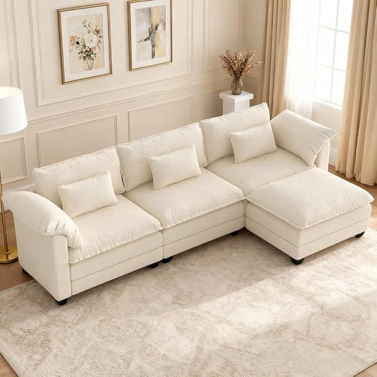 COMHOMA 120" L Shaped Sectional Sofa with Movable Ottoman,Comfy Cloud Modular Couch with Throw Pillows,Modern Chenille Deep Seat Sofa Couches for Living Room,Beige