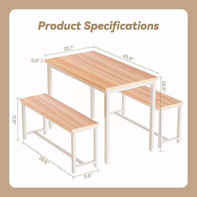 Recaceik Dining Table Set for 4 Kitchen Dining Room Set with 2 Dinner Benches, Farmhouse Breakfast Table for Apartment Small Space, Easy Assembly
