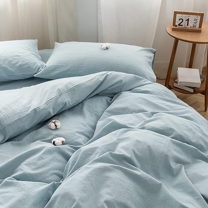 Face Two Face Bedding Duvet Cover Set100% Washed Cotton Duvet Cover Linen Like Textured Breathable Durable Soft Comfy (Twin, Light Blue)