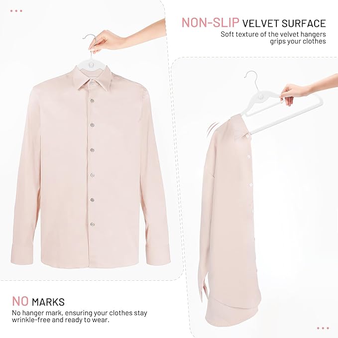 Velvet Hangers 30 Pack, STOPKLAS White Clothes Hangers Non Slip Felt Hangers with 360° Swivel Hook, Thin Hangers Space Saving, Heavy Duty Closet Hangers for Clothes, Coats, Suits, Dress, Pants