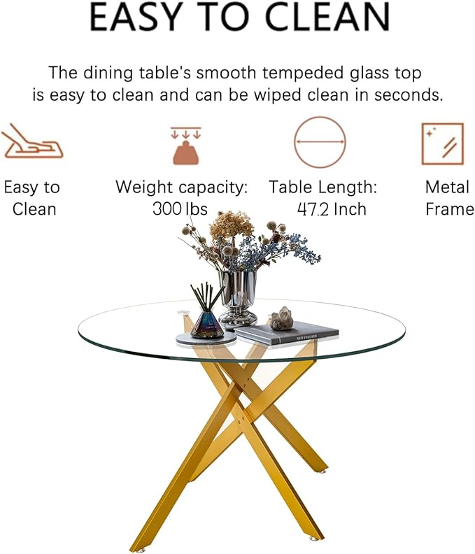 Goujxcy Round Dining Table Set for 4, Modern Glass Kitchen Table and Chairs Set of 4, 5 Piece Dining Room Table Set with 47" Circle Gold Metal Glass Dinner Table and 4 White Leather Dining Chairs