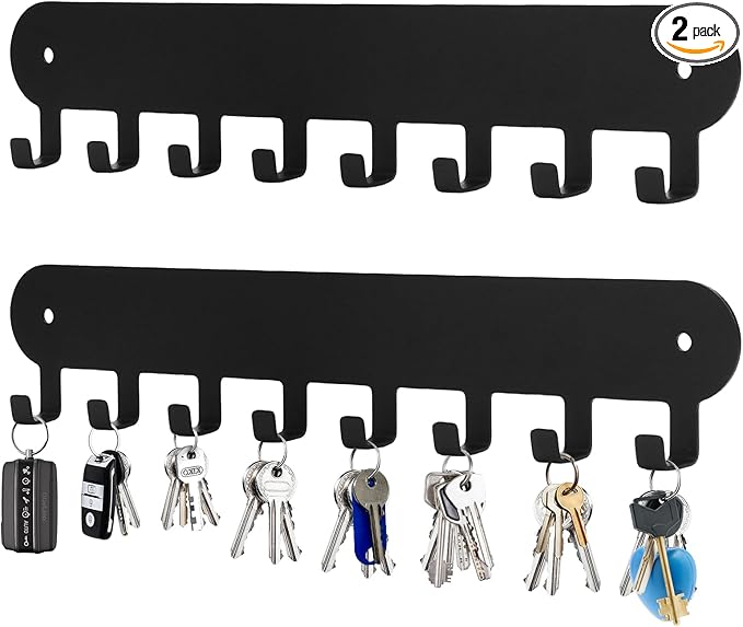 2 Pack Key Holder for Wall,Key Hooks with 8 Hooks,Key Rack for Wall No Drill for Living Room, Kitchen, Bathroom, Garage (Black)