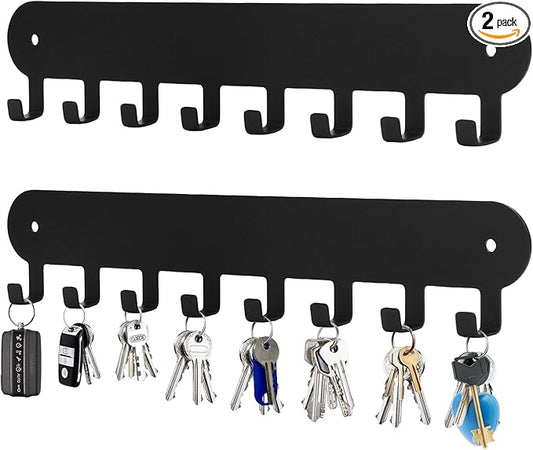 2 Pack Key Holder for Wall,Key Hooks with 8 Hooks,Key Rack for Wall No Drill for Living Room, Kitchen, Bathroom, Garage (Black)