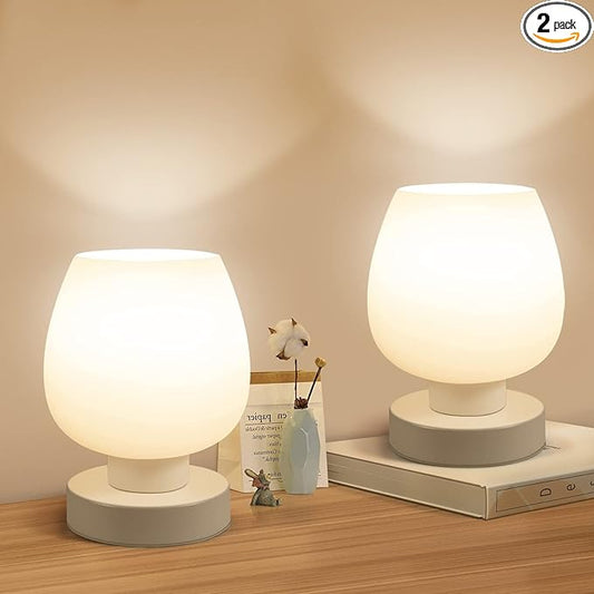 Touch Bedside Table Lamp Set of 2 - Small Modern Table Lamp for Bedroom Living Room Nightstand, 3-Way Dimable Desk lamp with White Opal Glass Lamp Shade, 2700K LED Bulb, Simple Design Home Decor