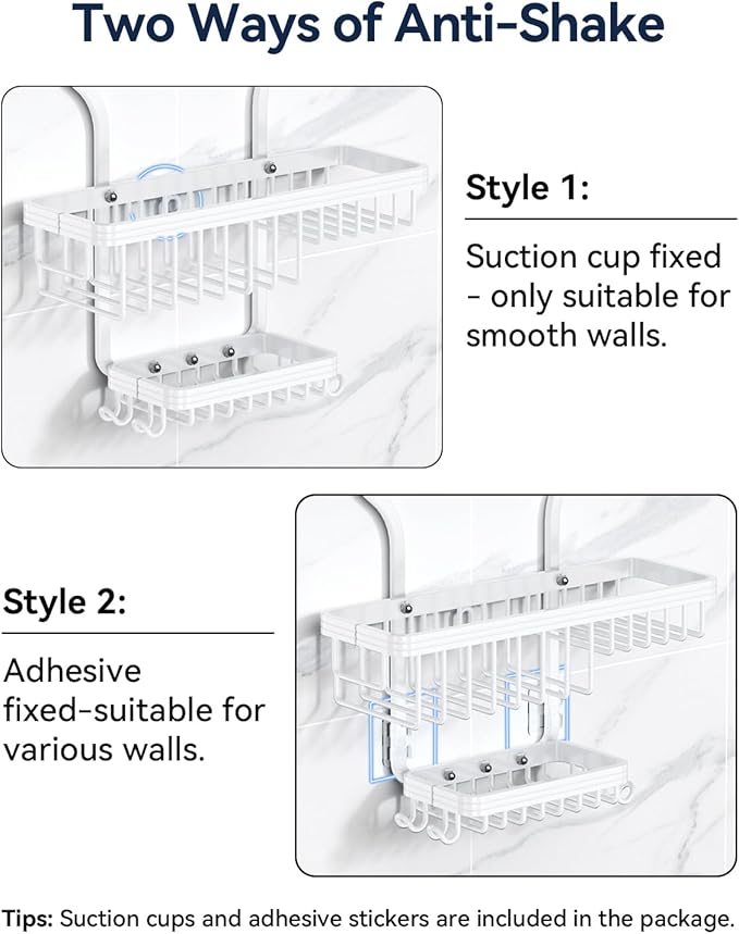 YASONIC Shower Caddy Hanging - Never Rust Shower Organizer - Aluminum over The shower head caddy with 10 Hooks for Razor/Sponge - Shower Rack with Soap Basket - White