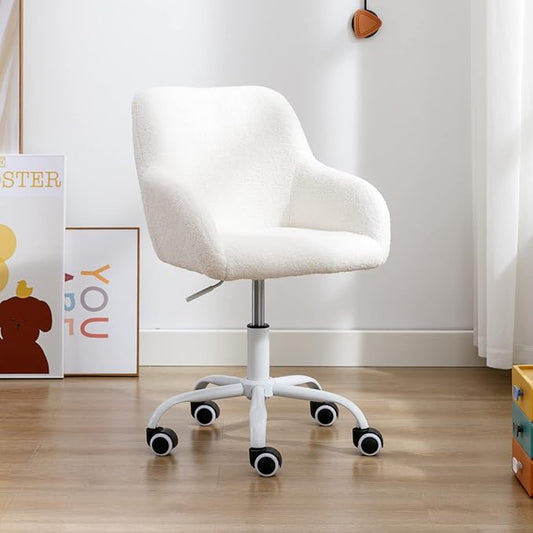 HEAH-YO Swivel Chair with Wheels, Adjustable Kids Desk Chair with Armrest and Back, Cute Lamb Wool Study Chairs for Boys and Girls, White