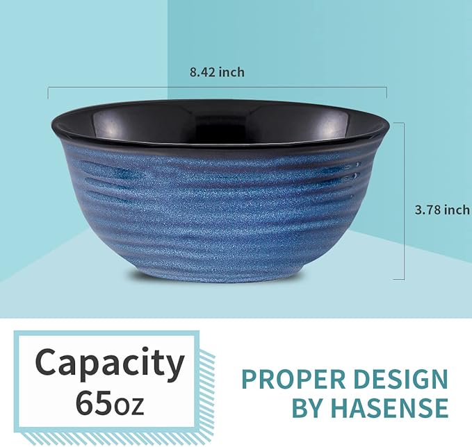 Hasense Serving Bowls, 60 Ounces Ceramic Salad Pasta Soup Bowls, 8.5 inch Large Bowls for Kitchen Ramen Pho Fruit Cereal Popcorn, Microwave and Dishwasher Safe, Set of 2, Blue