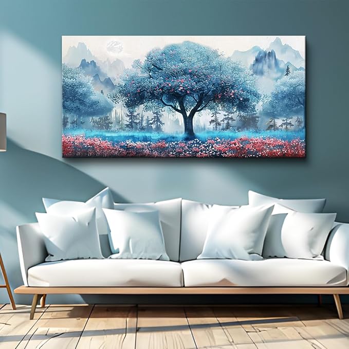 MHARTK66 Large Wall Art For Living Room Canvas Wall Decor For Bedroom Office Decorations Blue Tree Landscape Wall Paintings Farmhouse Pictures Artwork Home Decor Ready To Hang Posters 48"X24"
