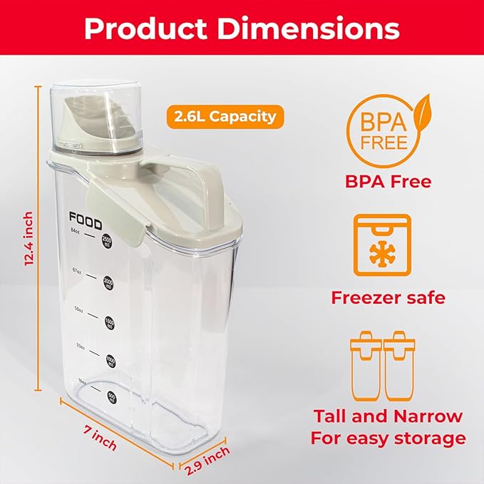 Two Pack Food & Cereal Storage Container - 2.6L Airtight Plastic Kitchen Organizer Bin with Pouring Spout, Measuring Cup Lid, Ideal for Dry Food, Rice, Sugar, Pet Food dispenser - BPA free