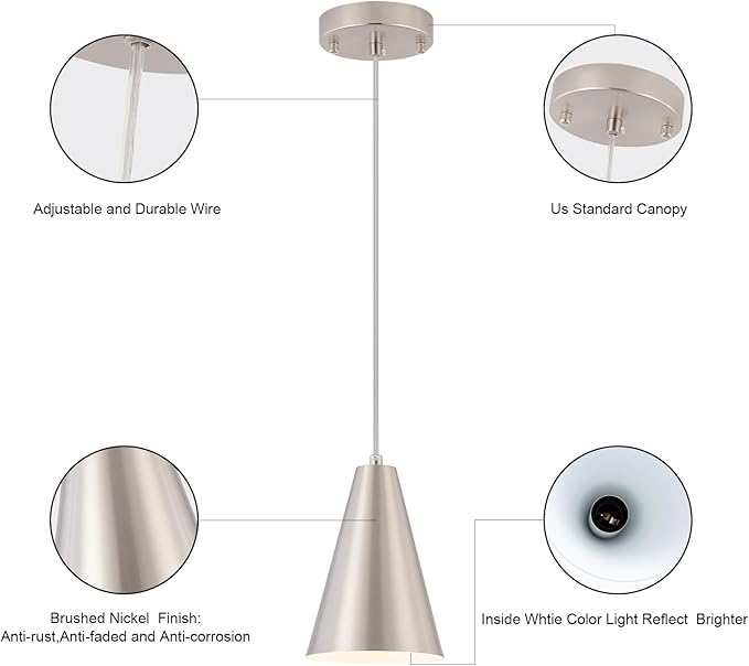 Brushed Nickel Pendant Lights Kitchen Island,Dining Room Light Fixtures Over Table 3 Pack with Silver Cone Metal Shade, Modern Farmhouse Small Chandeliers,Adjustable Cord Hanging Lighting for Sink