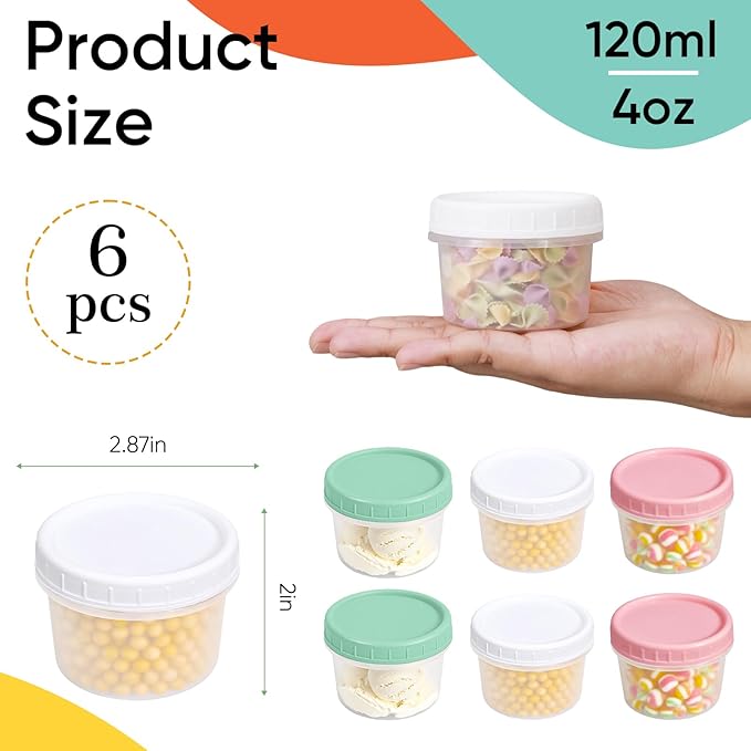 ASEVAT 4oz 6Pack Small Food Containers with Lids Salad Dressing Container Reuseable Snack Container Plastic Jar Freezer Storage Jars, Leakproof/Microwave/Dishwasher Safe