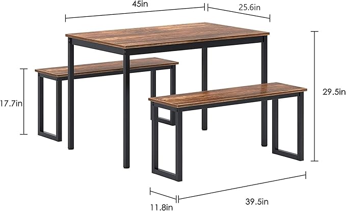 soges 3 PCS Dining Table Set for 4 with 2 Benches, Soho Dining Table and Chairs Set, Industrial Kitchen Table and Chairs Kitchen Breakfast Table Set, Dining Set with Metal Frame, Brown