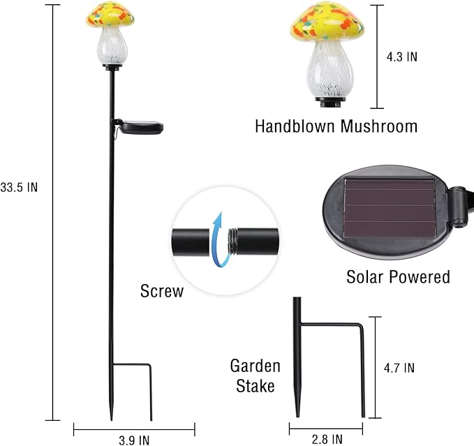 Bshine Mushroom Solar Outdoor Lights, 2 Pack Mushroom Solar Lights Handmade Blown Glass Waterproof Metal Stakes Decoration Garden, Outdoor Yard Art Decoration Pathway, Lawn Ornaments, Gift for Mom