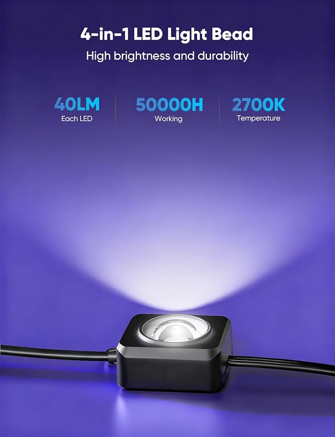 APPECK Permanent Outdoor Lights 200ft with 144 LED Lights, 72W Smart RGBW Eaves Lights, DC 36V, 40LM, IP67 Waterproof String Lights for Halloween Christmas Decor, Compatible with Alexa, Black