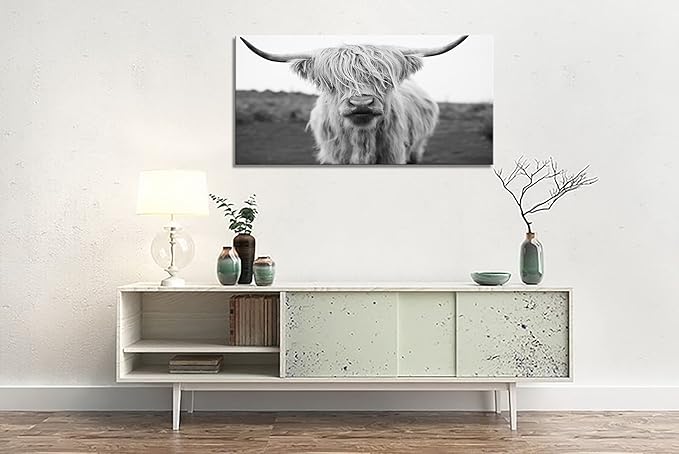 XXMWallArt FC3675 Highland Cow Canvas Art - Black and White Animal Wall Art for Living Room, Bedroom, Office Wall Decor