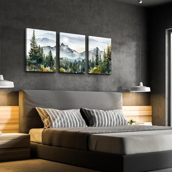 MHARTK66 3 Piece Framed Canvas Art Prints Wall Art for Living Room Modern Wall Decor for Bedroom Office Decor Abstract Mountain Forest Landscapes Ink Painting Ready to Hang Wall Pictures Home Decor