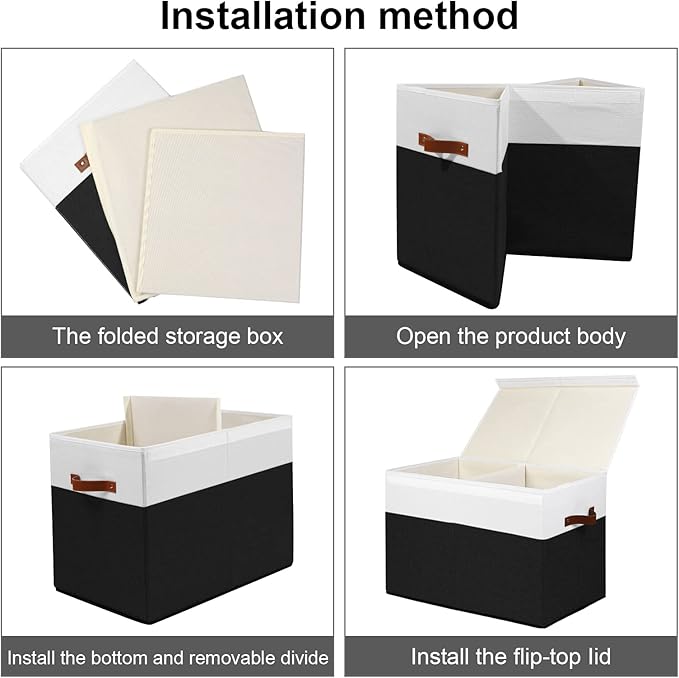Large Toy Storage Box with Lid, Sturdy Toys Storage Chest Bin Organizer Basket with Dividers for Kids, Boys, Girls, Nursery, Closet, Bedroom, Playroom 25"x13" x16" (Black and White)