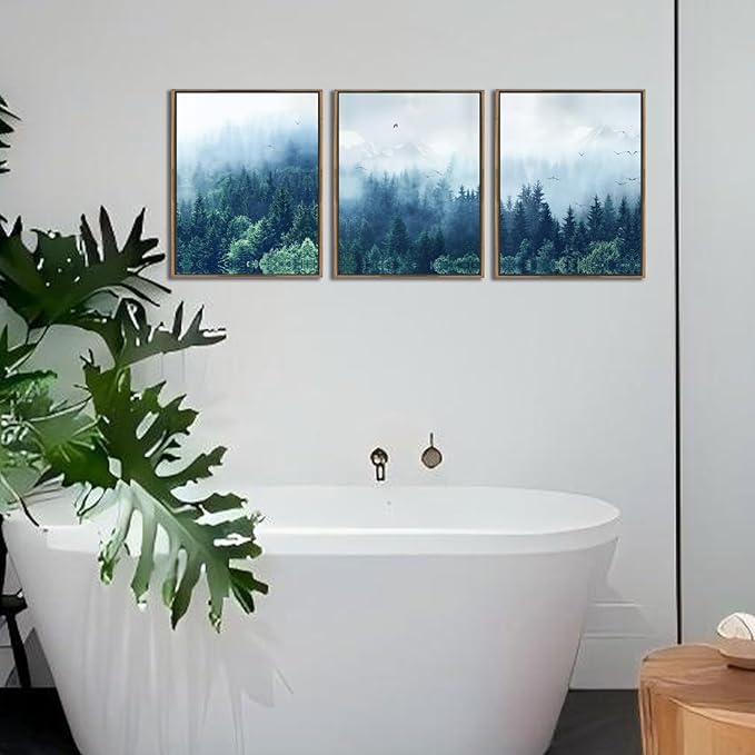 Arjun Forest Wall Art Misty Tree Indigo Blue Landscape Canvas Painting Mountain Pine Tree Nature Birds Pictures Scenery Framed for Living Room Bedroom Bathroom Home Office Wall Decor, 12"x16"x3 Panels