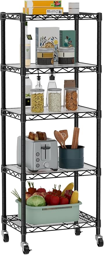 Small 5 Tier Shelves Storage Wire Shelving Unit Metal Shelf Adjustable Organizers Storage Shelving with Wheels for Bathroom Laundry Room Kitchen Pantry12”D x 18”W x 57.2”H Black