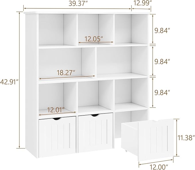 Toy Storage Organizer with Bookshelf, Large Toy Organizers and 3 Movable Drawers with Hidden Wheels and 8 Storage Cubbies, Kids Bookshelf and Toy Storage Chest, Playroom Furniture, White