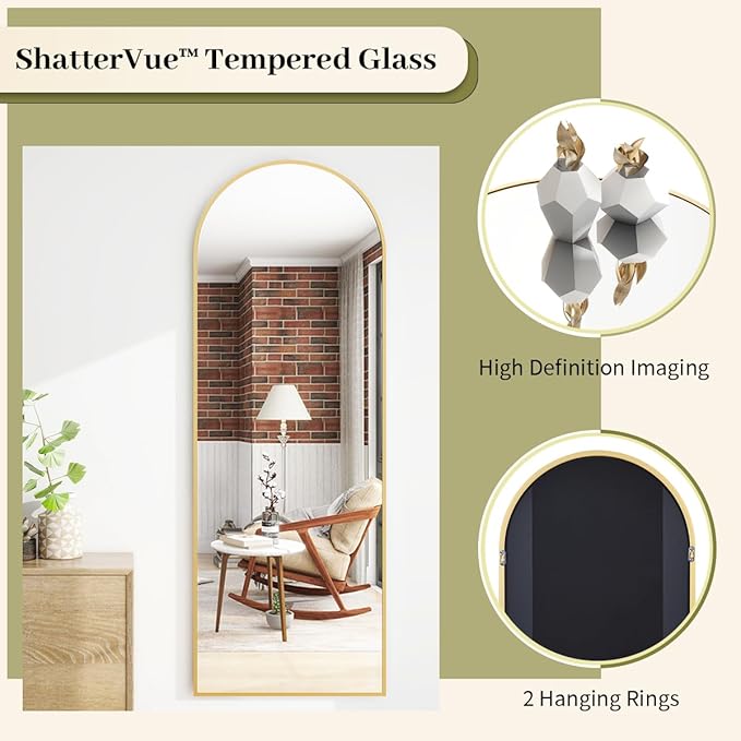 BEAUTYPEAK 65"x24" Arch Floor Mirror, Full Length Mirror Wall Mirrors Hanging or Leaning Arched-Top Full Body Mirror with Stand for Bedroom, Dressing Room, Gold