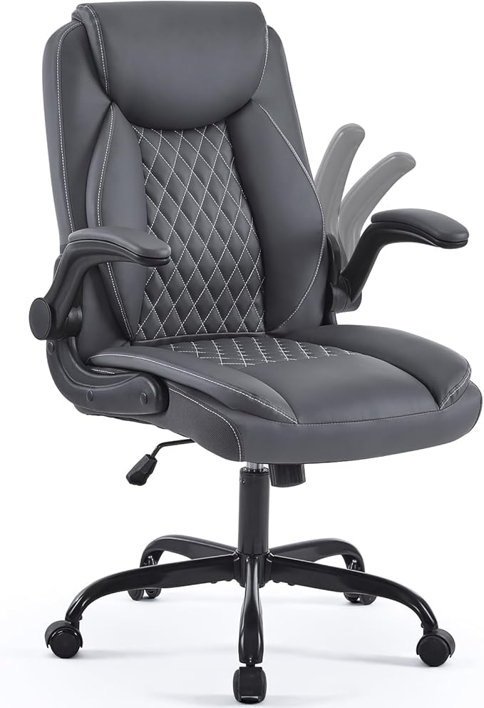 YFO Leather Office Chair, Ergonomic Home Office Desk Chair, Back Support Swivel Executive Office Chair with Wheels and Flip-Up Armrests, Small Gaming Chair with Adjustable Rocking Function, Grey