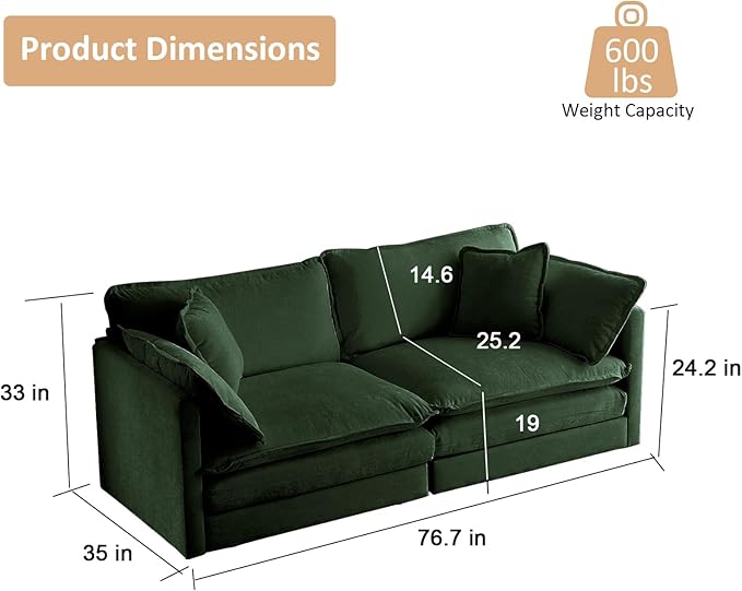 KIVENJAJA Chenille Loveseat Sofa, Oversized 2-Seater Small Cloud Couch, Modern Comfy Deep Seat Love Seat with 4 Pillows for Living Room Bedroom Office Apartment, 76.7”W, Green