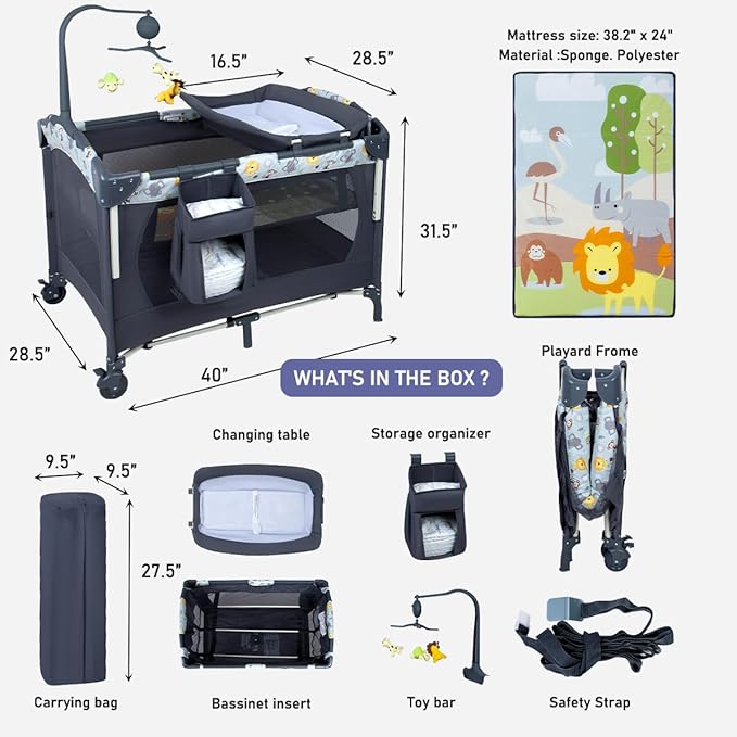 5-in-1 Baby Bassinet Bedside Crib, Pack and Play Long Next to Parents Bed Crib with Toys & Music Box, Mattress, Foldable Playard, Playpen Travel Bed Nursery Center for Girl Boy Infant Newborn