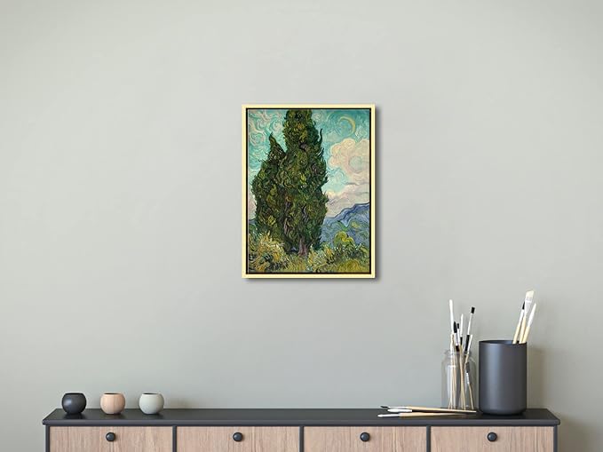 Wieco Art Framed Wall Art Cypresses Classic Giclee Canvas Prints by Van Gogh Famous Oil Paintings Green Tree Picture for Home Decorations Modern Abstract Forest Landscape Artwork