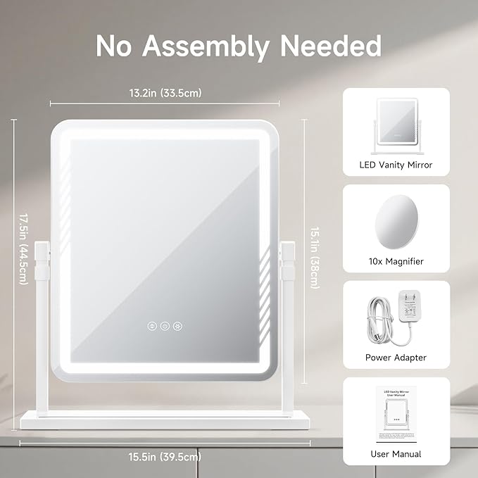 Vanity Mirror with Lights, Height-Adjustable & 360° Rotation, 1/10X Magnification, Three Color Lighting Modes, Makeup Mirror Smart Touch Control, Large Vanity Desk Mirror (17.5in,White)