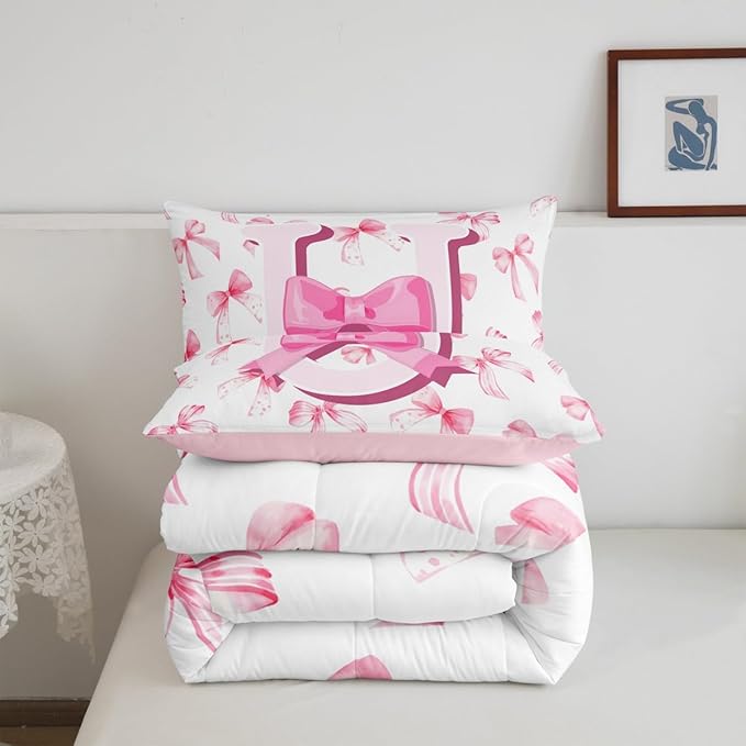 jejeloiu Kids Girls Cute Pink Bow Comforter Set Twin Size Monogrammed Bedding Set Ultra Soft Personalized Initial U Duvet Quilt Coquette Bow Knot Quilt Set Room Decor Modern Fashion Comforter