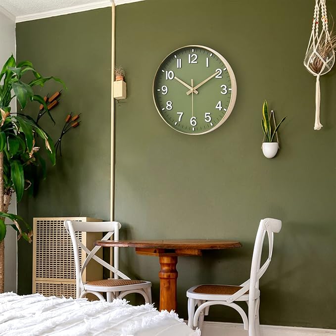 HZDHCLH Wall Clocks Battery Operated,12 inch Silent Non Ticking Modern Wall Clock for Living Room Bedroom Kitchen Office Classroom Decor (Olive Green and Gold)