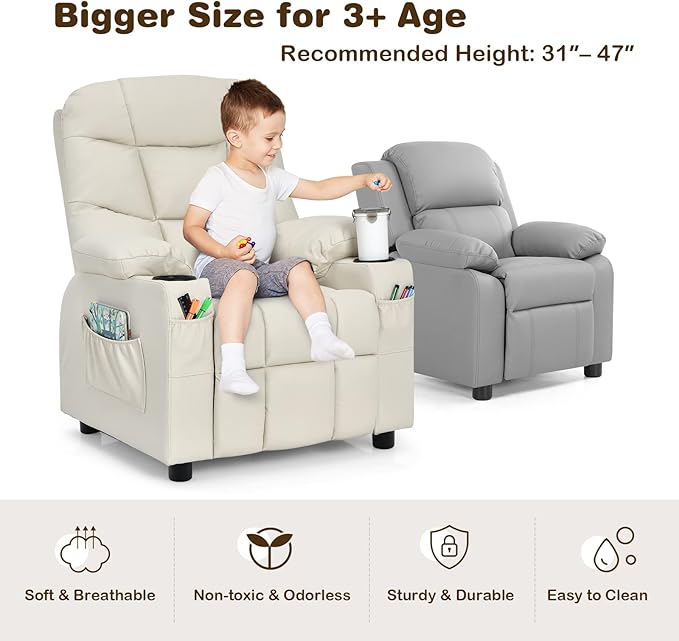 Kids Recliner, Kids Recliner Chair w/ 2 Cup Holders, PU Leather Kids Chairs Compy w/Adjustable Backrest & 3 Pockets, Toddler Furniture Sofa for Boys Girls Aged 3+ (Beige)