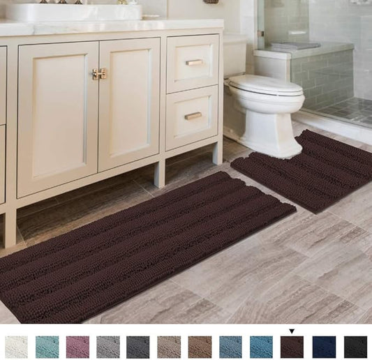 H.VERSAILTEX Bathroom Rugs Bath Rug Set 2 Piece Bathroom Contour Rug Toilet Mat Sets Non Slip Contour Bath Rug Ultra Thick Water Absorbent Striped Bath Mats(47" x 17" Plus 20" x 20" U, Chocolate)