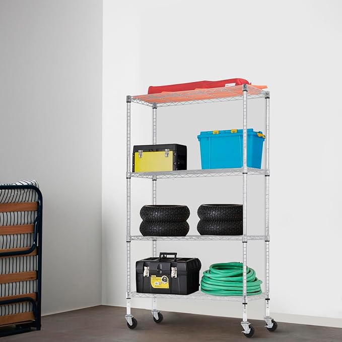 PayLessHere 4-Tier Adjustable Shelf Shelving Unit Shelves Shelf Heavy Duty Storage Steel Organizer Wire Rack (350 lbs Loading Capacity per Shelving) with Wheels Multi-Function Easy Assembly,Chrome