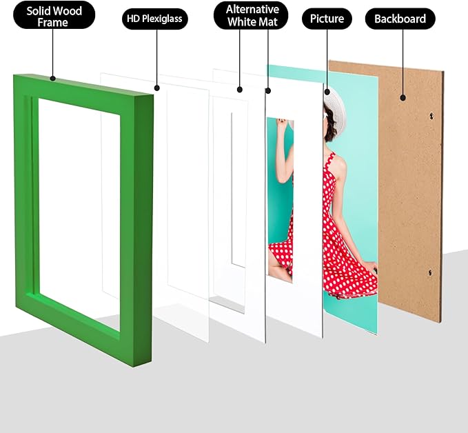 KINLINK 5x7 Picture Frame Grass Green, Solid Wood Frames with Acrylic Plexiglass for 3.5x5/4x6 with Mat or 5x7 without Mat, Tabletop and Wall Display Photo Frame 4 Pack