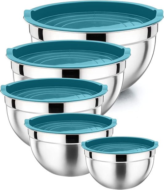 P&P CHEF Mixing Bowl with Airtight Lid Set of 5, 10-Piece Stainless Steel Nesting Salad Bowl Set for Prepping, Mixing and Serving, Size 4.6, 3, 1.5, 1, 0.7 QT, Rimmed Edges & Flat Base, Blue