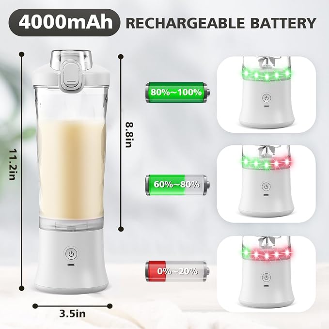 Portable Blender for Shakes and Smoothies- Personal Juicer 20 OZ Electric Protein Shaker Bottle with Insulated Sleeve, USB-C Rechargeable,Travel Lid-Small Blender Cup for Kitchen, Office, Gym,Travel